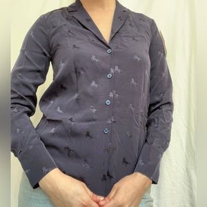 NWT “& Other Stories” Navy Silk Long Sleeve Button Up with Horse Print
